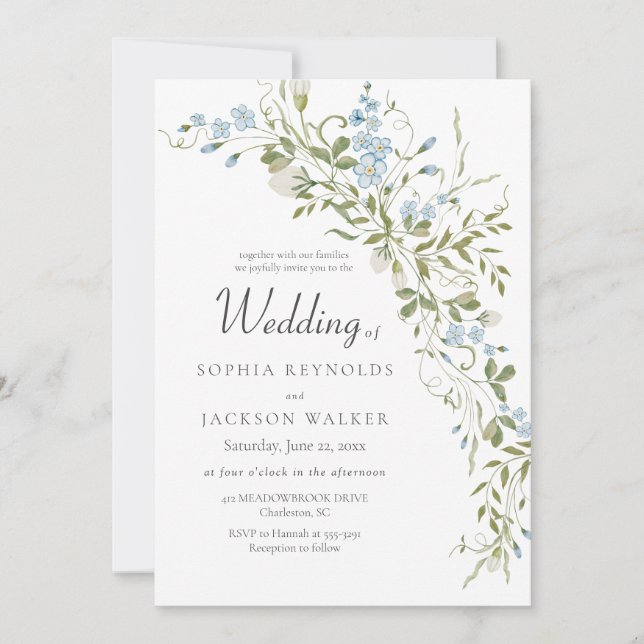 Invitation Mariage vert Fleur sauvage bleu printemps (Devant)