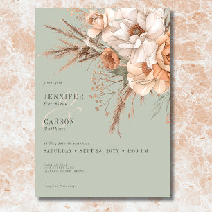 Invitation Mariage Vert Floral Bohème Terracotta Abricot & Cr