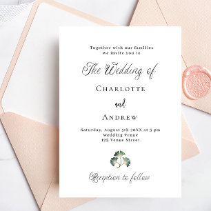 Invitation Mariage vert ginkgo feuille simple luxe