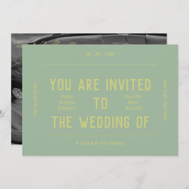 Invitation Mariage vert monochrome rétro (Devant / Derrière)