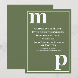 Invitation Mariage vert olive de Monogram mignon tendance