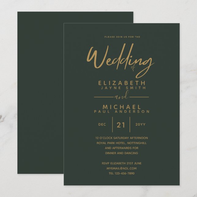 Invitation Mariage Vert Or Vert moderne Invite (Devant / Derrière)