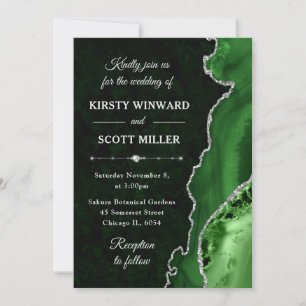 Invitation Mariage Vert & Paillettes d'Argent Agate et marbre
