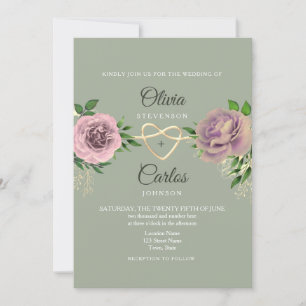 Invitation Mariage vert rose fleuri Sage
