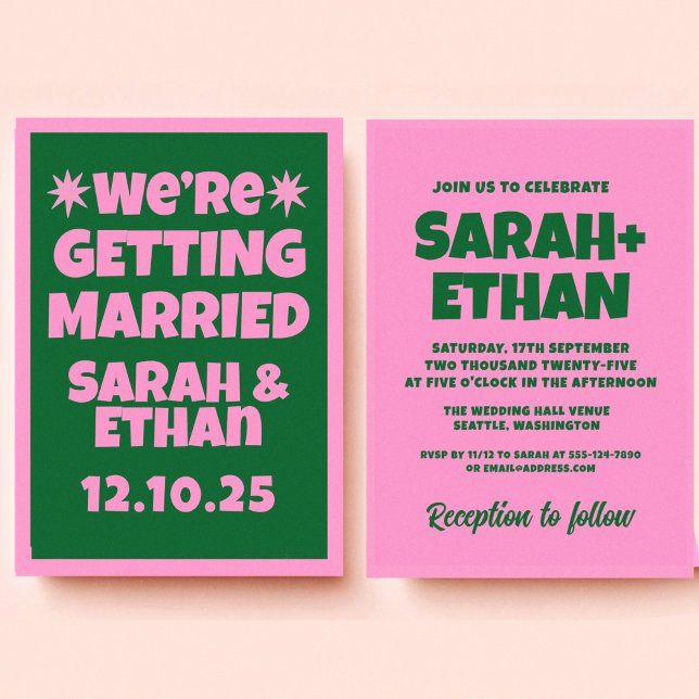 Invitation Mariage vert rose funky rétro (Créateur téléchargé)