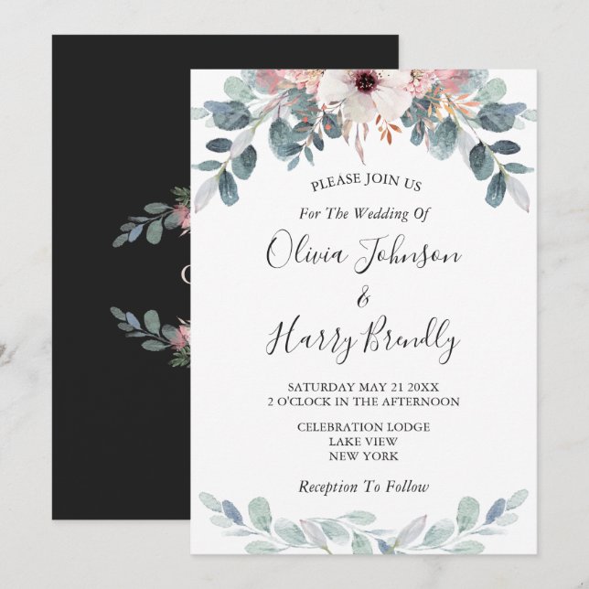 Invitation Mariage vert rose noir floral Eucalyptus (Devant / Derrière)
