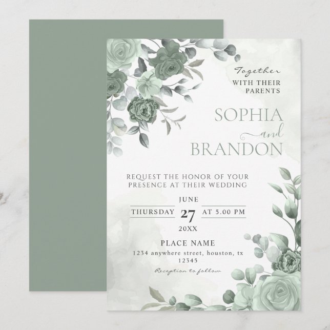 Invitation Mariage vert Sage (Devant / Derrière)