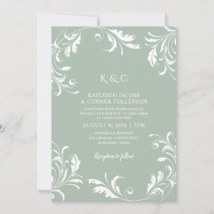 Invitation Mariage Vert Sage clair Vintage Élégant Fils