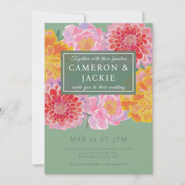 Invitation Mariage vibrant de souci et de Zinnia (Devant)