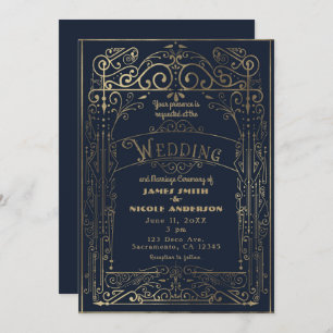 Invitation Mariage Victorian Deco Vintage Navy Blue & Gold