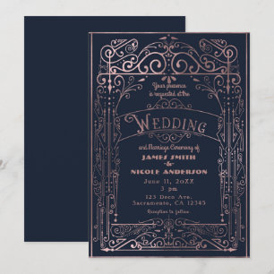Invitation Mariage Victorian Deco Vintage Navy & Rose Gold