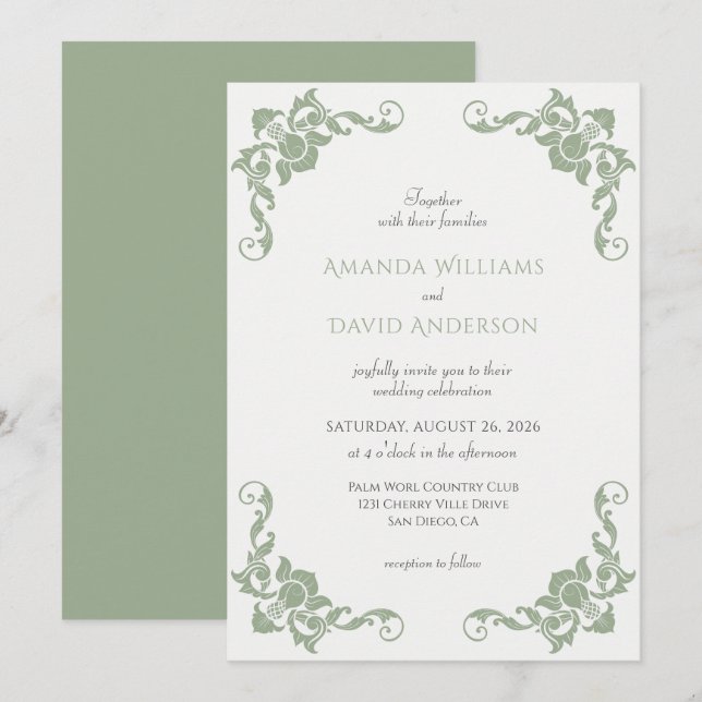 Invitation Mariage victorien français Sage Vert (Devant / Derrière)