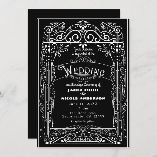 Invitation Mariage Victorien Vintage noir et blanc (Devant / Derrière)