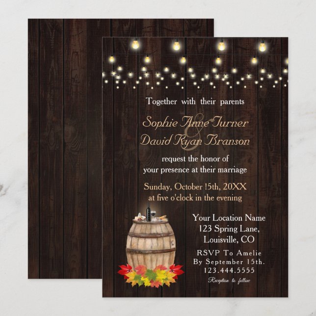 Invitation Mariage Vignoble en barrique automne Folithe (Devant / Derrière)