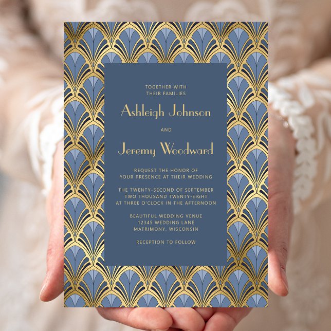 Invitation Mariage Vintage 1920s Deco Motif Bleu Poussiéreux  (Créateur téléchargé)