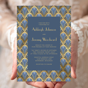 Invitation Mariage Vintage 1920s Deco Motif Bleu Poussiéreux 