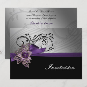 Invitation Mariage vintage à broches  de ruban FAUX violet
