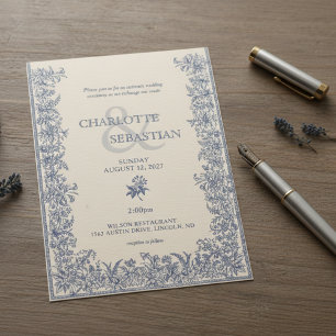 Invitation Mariage vintage à la frontière botanique bleue