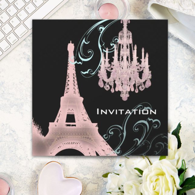 Invitation Mariage vintage à Paris avec lustre de la Tour Eif (Paris Eiffel Tower Chandelier vintage wedding Invitation)