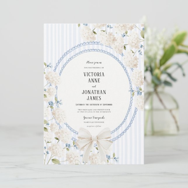 Invitation Mariage Vintage à rayures Hydrangea Bleu Blanc (Debout devant)