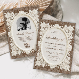 Invitation Mariage Vintage Ancien Argent Brun Ivoire Dentelle