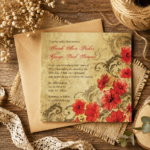 Invitation Mariage Vintage avec Coquelicot Rouge et Flourishe