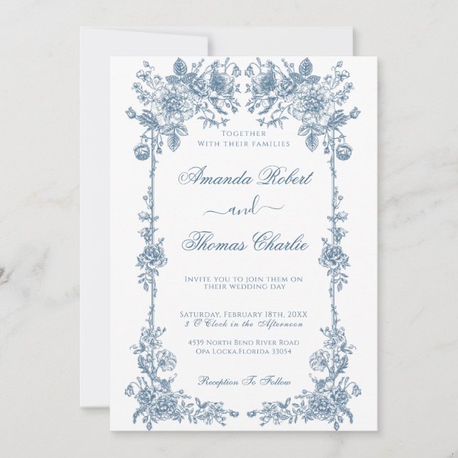 Invitation Mariage Vintage bleu (Devant)