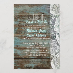 Invitation mariage vintage bleu barn bois dentelle campagne