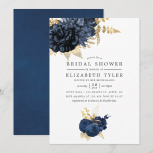 Invitation Mariage vintage bleu marine et or thème rose