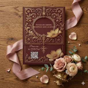 Invitation Mariage Vintage Bourgogne Or Baroque Floral Ivoire