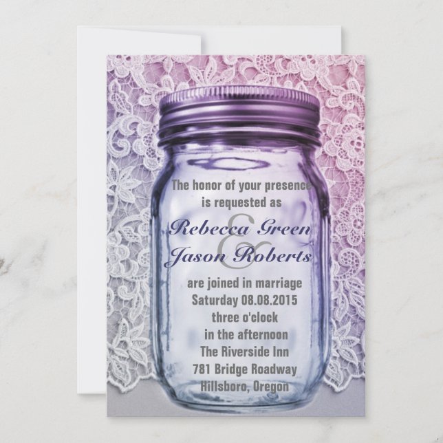 Invitation mariage vintage campagne dentelle violet pot mason (Devant)