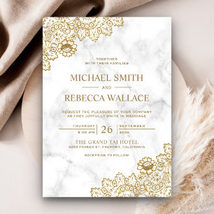 Invitation Mariage vintage campagne en marbre blanc et or