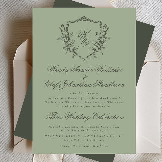 Invitation Mariage Vintage Crest Olive Verte sur Monogramme S