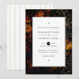 Invitation Mariage vintage damassé noir, cuivre et or