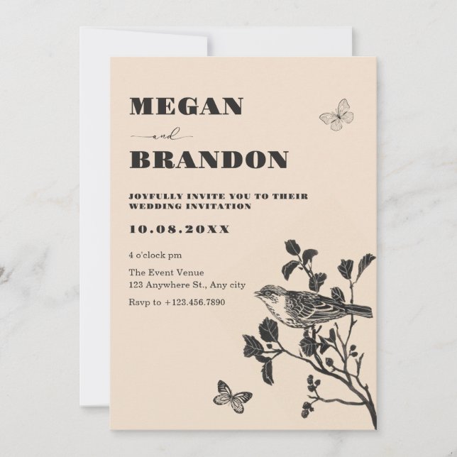 Invitation mariage vintage de branche d'oiseau (Devant)