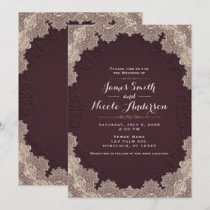 Invitation Mariage vintage de dentelle de cuir rouge-brun de