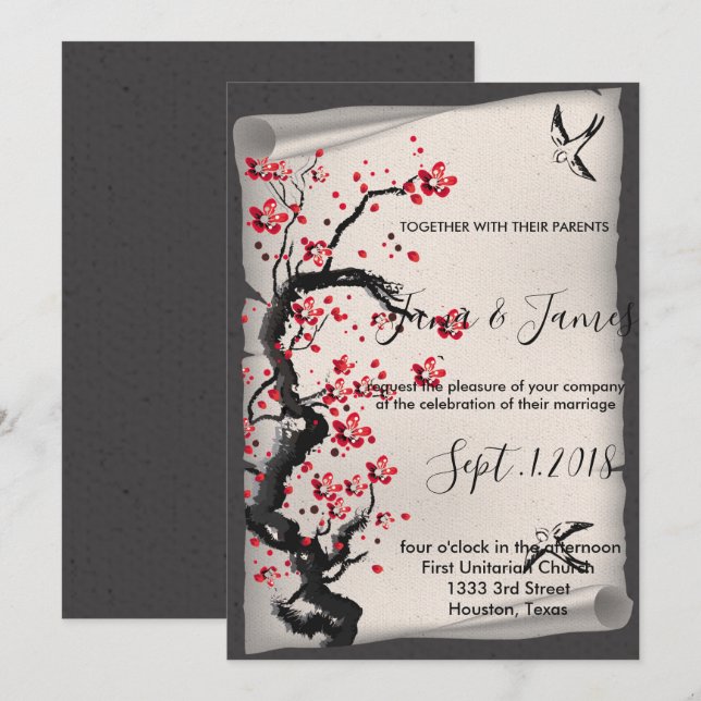Invitation mariage vintage de fleurs de cerisier (Devant / Derrière)