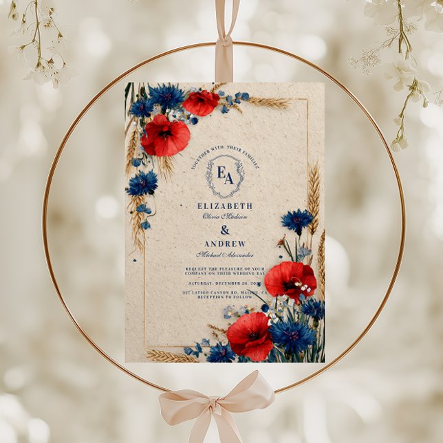 Invitation Mariage vintage de fleurs rouge et bleu (Créateur téléchargé)
