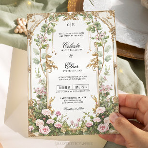 Invitation Mariage vintage de jardin secret rose et or