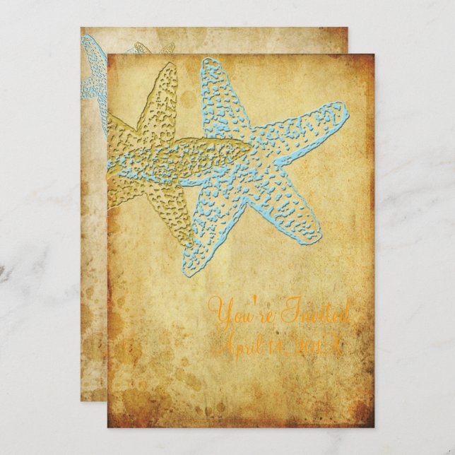 INVITATION MARIAGE VINTAGE DE STARFISH/PLAGE (Devant / Derrière)