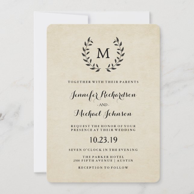 Invitation Mariage vintage de style français Wreath et Monogr (Devant)