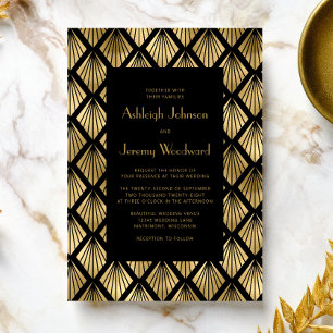 Invitation Mariage Vintage Deco Éventails Noir Or Années 1920