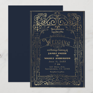 Invitation Mariage Vintage Déco Victorien Bleu Nuit & Or