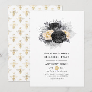 Invitation Mariage Vintage Fleurs Noires et Dorées Abeilles