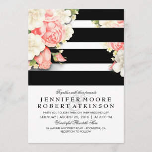 Invitation Mariage Vintage Floral Black White Stripes