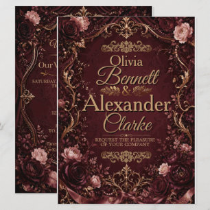 Invitation Mariage Vintage Floral Élégant Bourgogne Or