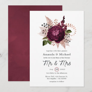 Invitation Mariage vintage floral Marsala et or rose