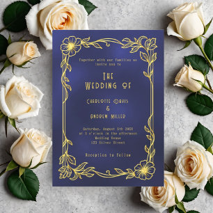 Invitation Mariage vintage floral or bleu