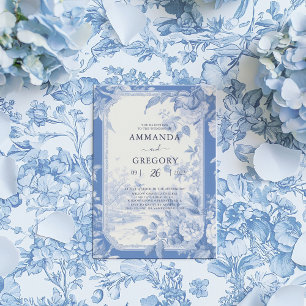 Invitation Mariage vintage Floral Toile Bleu