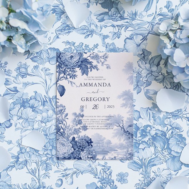 Invitation Mariage vintage Floral Toile Bleu (Créateur téléchargé)